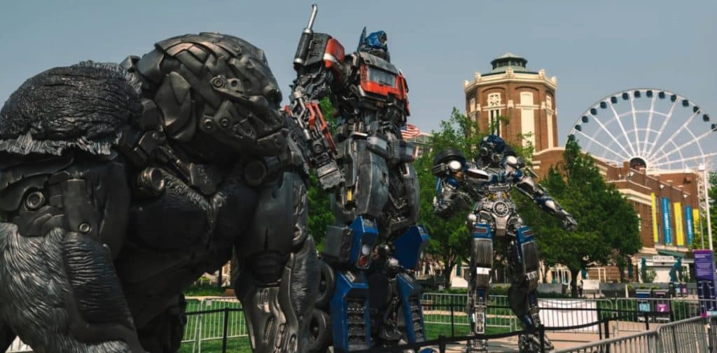 Three Transformers statues pictured at Navy Pier