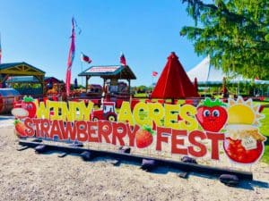 Windy Acres Farm Strawberry Festival sign featuring a tractor, strawberries, a sun, and jam