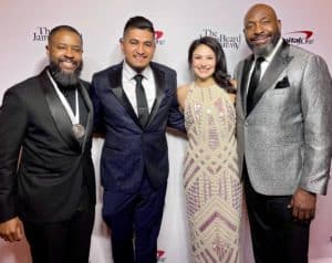 Image of Damarr Brown standing alongside Jesus Garcia, Becky Pendola, and Erick Williams at the James Beard Award ceremony