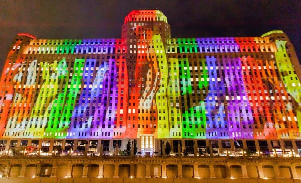 Image showing the Merchandise Mart in Chicago lit up in rainbow colors for Lesbian, Gay, Bisexual and Transgender Pride Month and Chicago Pride