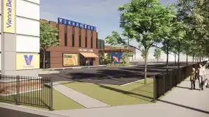 Rendering of the Vienna Beef Bucktown factory, store and plaza shows green space in front of an office building