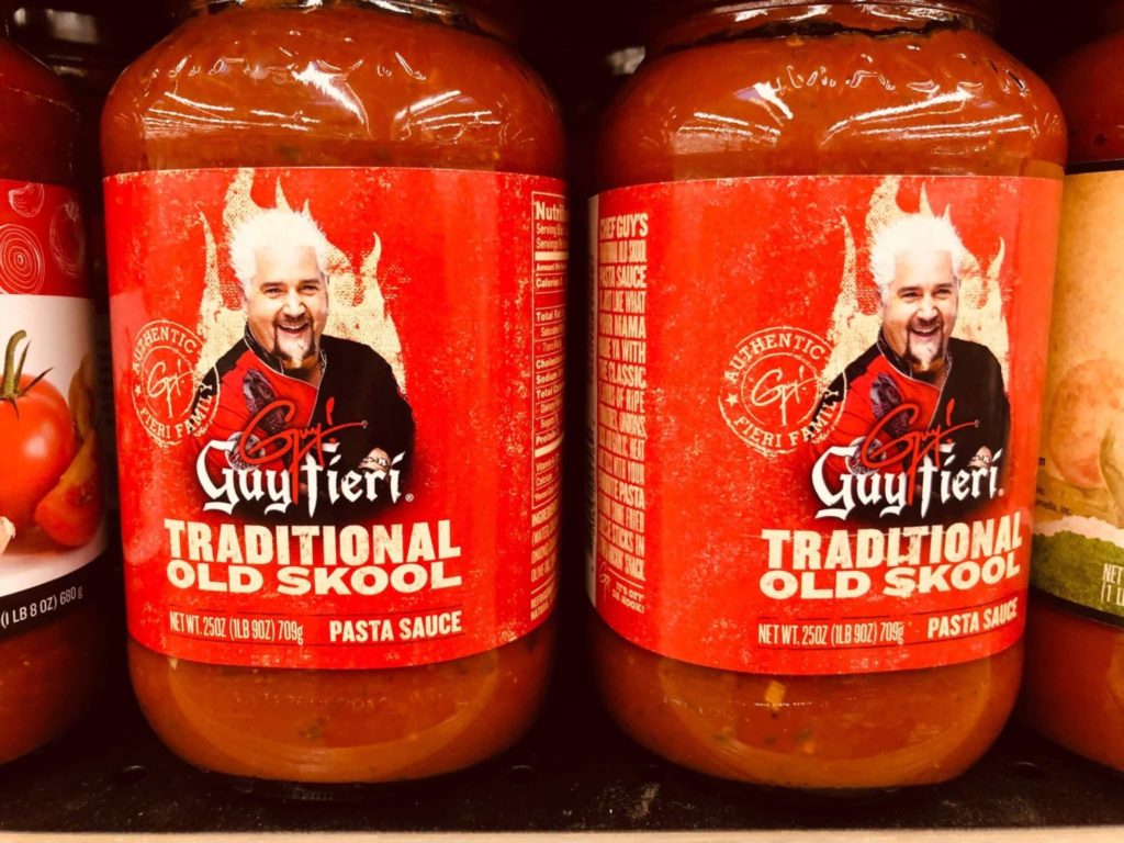 April 17, 2019 - Minneapolis, MN: Guy Fieri brand traditional Old Skool pasta sauce for sale on a grocery store shelf. The American restaurateur is known for his shows on The Food Network