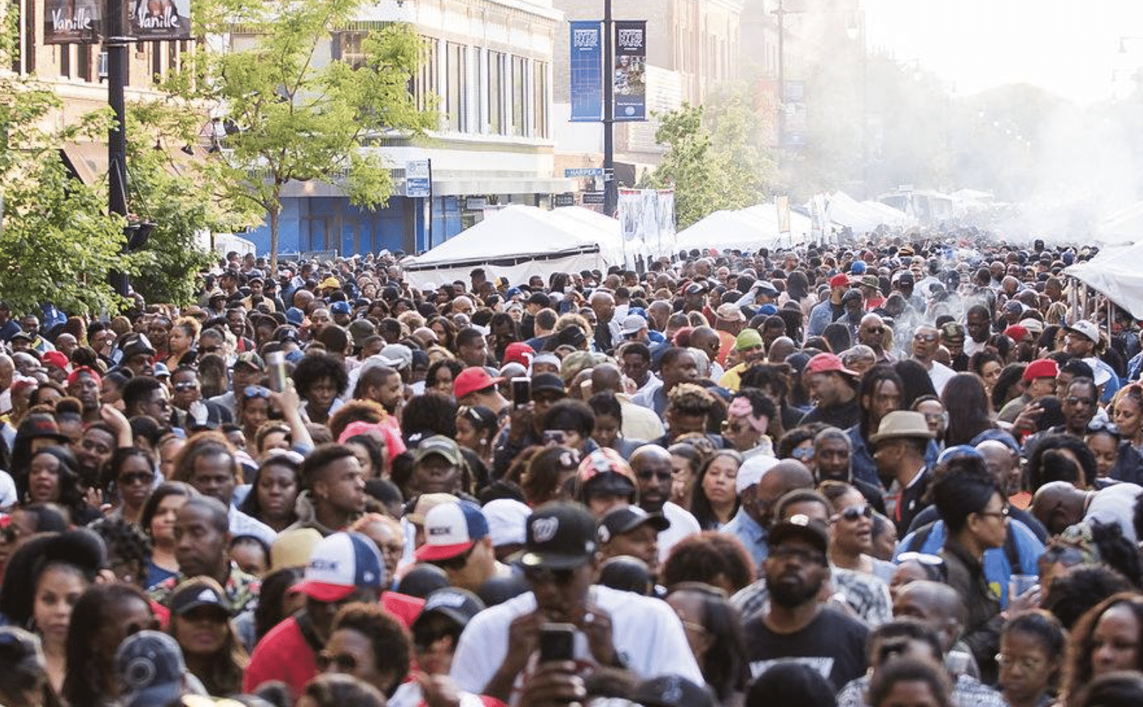large crowd gathered on the street in hyde park at a festival in chicago