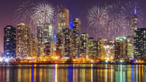 Firework display pictured over Chicago's skyline