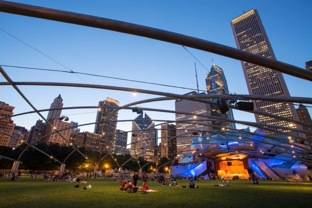 Chicago, USA - July 9, 2014: Jay Pritzker Pavilion in Millenium Park at dusk on a hot summer's night