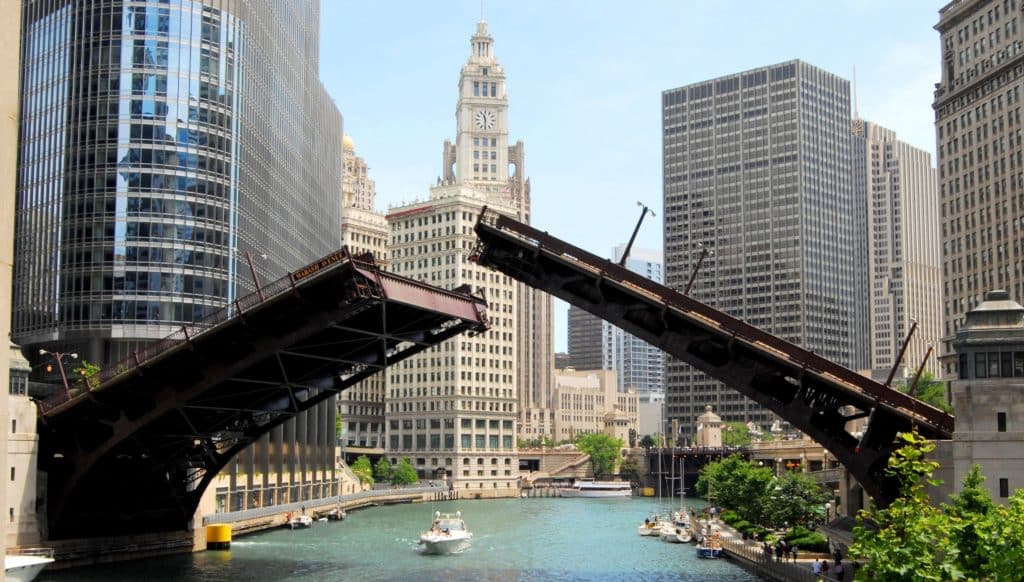 Image showing bridges raised over the Chicago River in Chicago