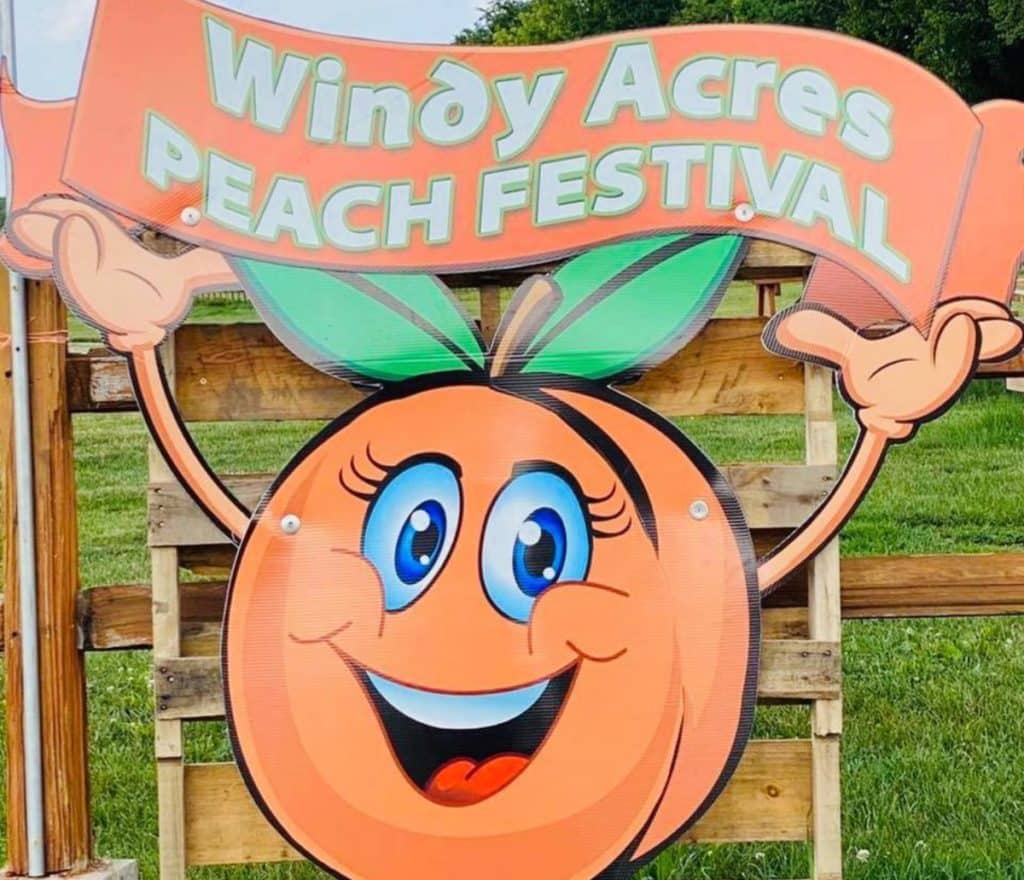 Windy Acres Farm Peach Festival sign pictured with a cartoon peach below
