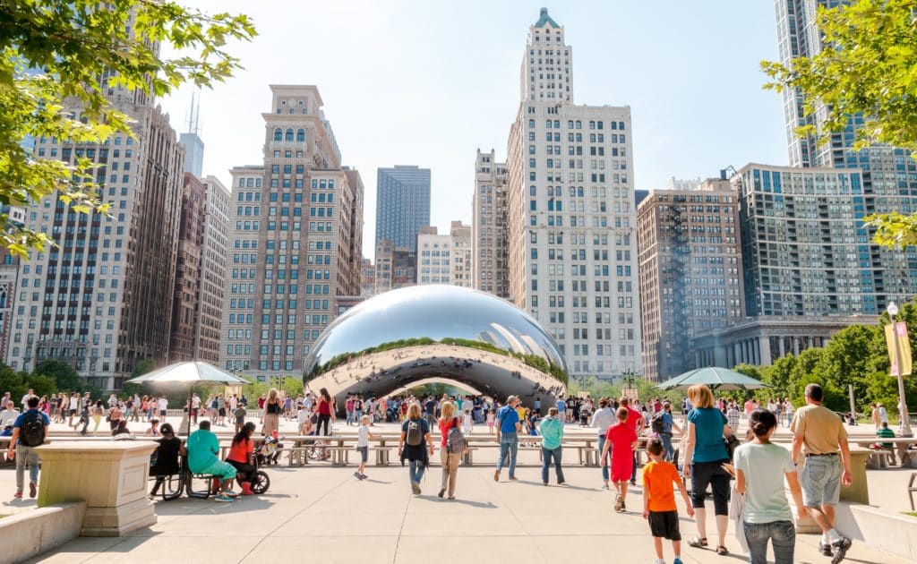 Image showing the Bean aka Cloud Gate in Millennium Park on a sunny summer day in Chicago
