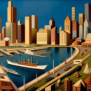 Image showing Chicago as if painted by Grant Wood created using AI