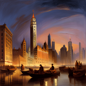 Image showing Chicago as if painted by Rembrandt created using AI 