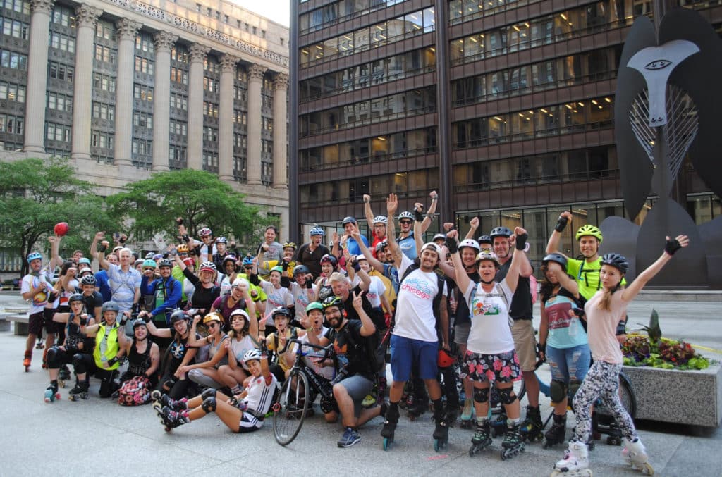 Image showing skaters posing for a photo in Daley Plaza in Chicago