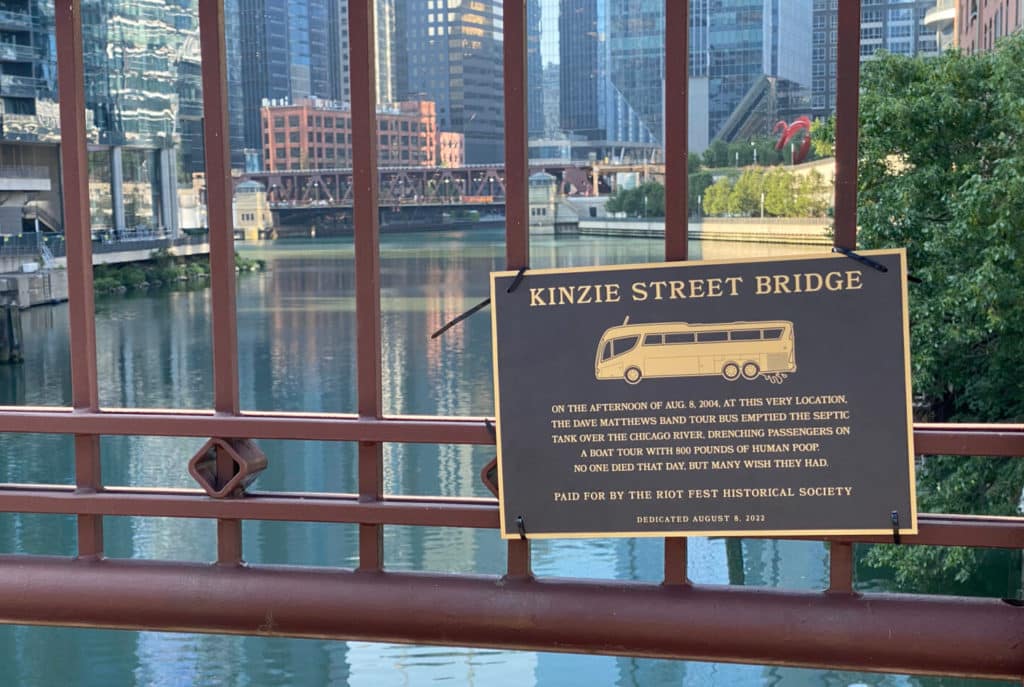 Photo showing a plaque on Kinzie Street Bridge in Chicago 19 years since the Dave Matthews Feces Incident took place.