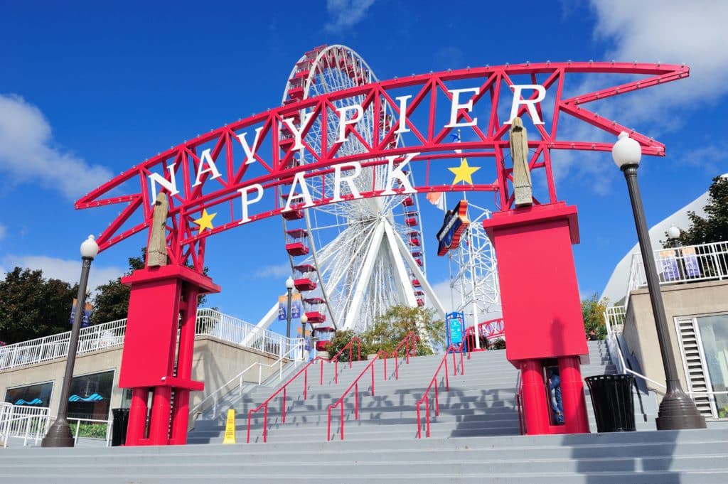 CHICAGO, IL - OCT 1: Navy Pier and skyline on October 1, 2011 in Chicago, Illinois. It was built in 1916 as 3300 foot pier for tour and excursion boats and is Chicago's number one tourist attraction.