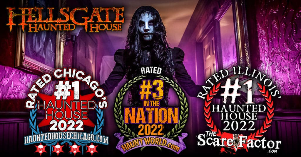 poster for hellsgate haunted house with the grim reeper next to pictures with a purple background