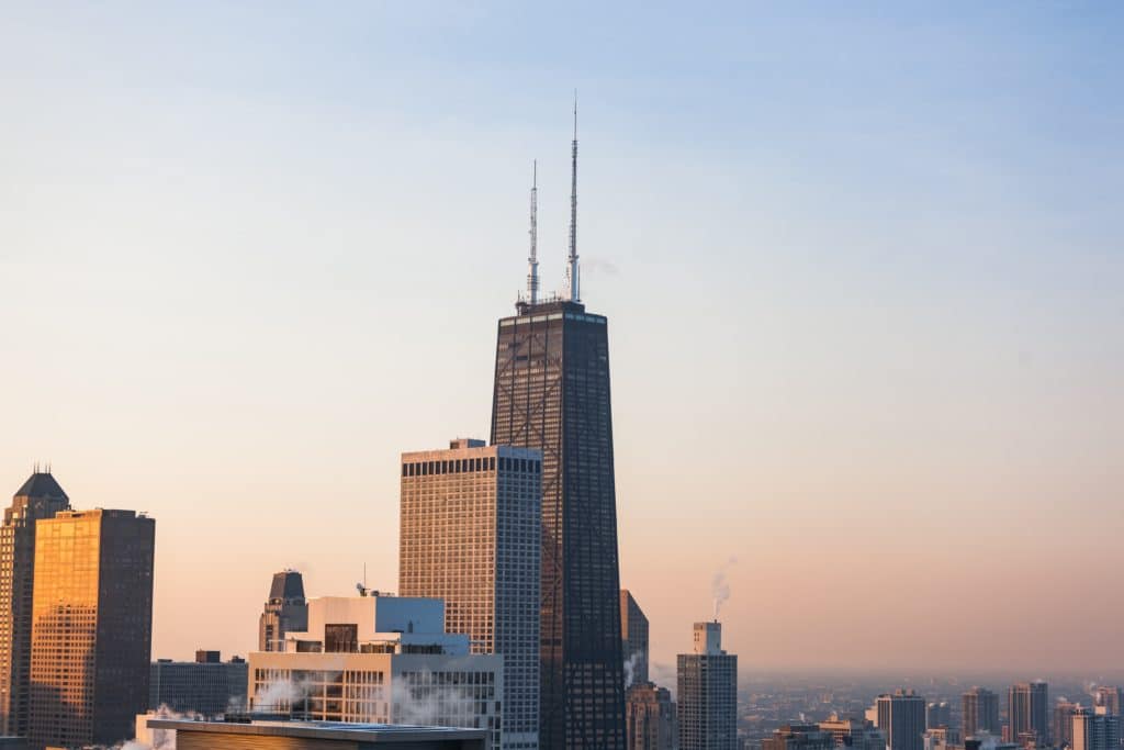 chicago skyline displaying the john hancock now known as 875 North Michigan Avenue