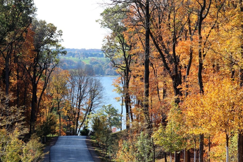 Rural country road with bright fall foliage in Wisconsin with Lake Geneva in the background.