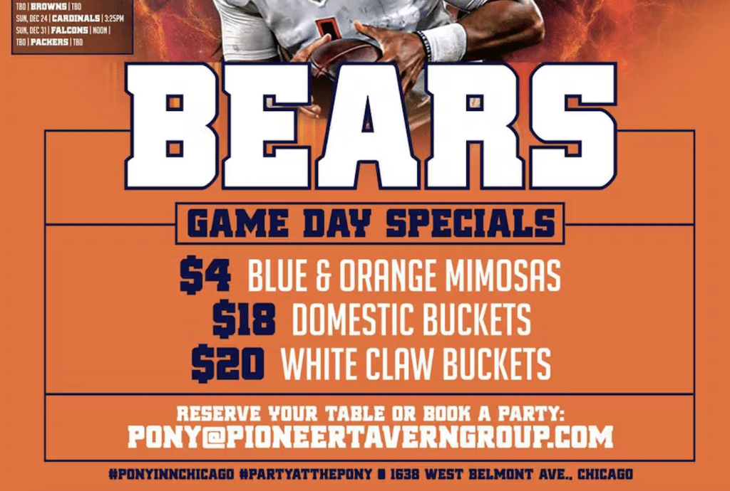 graphic orange sign from the pony inn displaying drink deals for the bears game in chicago