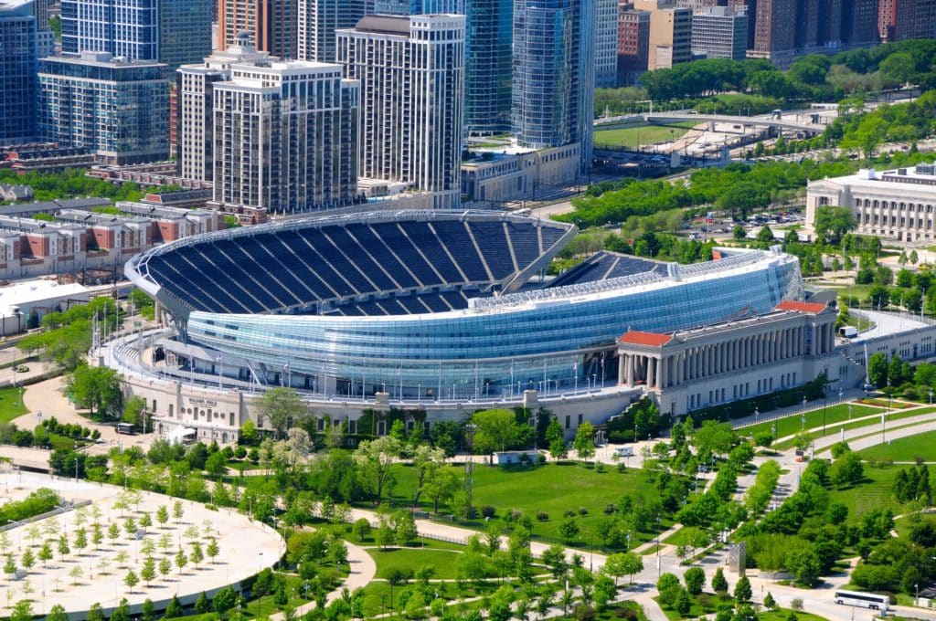 arial view of Soldiers Field on a sunny day in Chicago