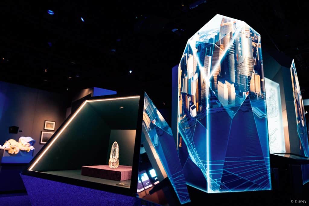cinderella glass show encased at the Disney100: The Exhibition