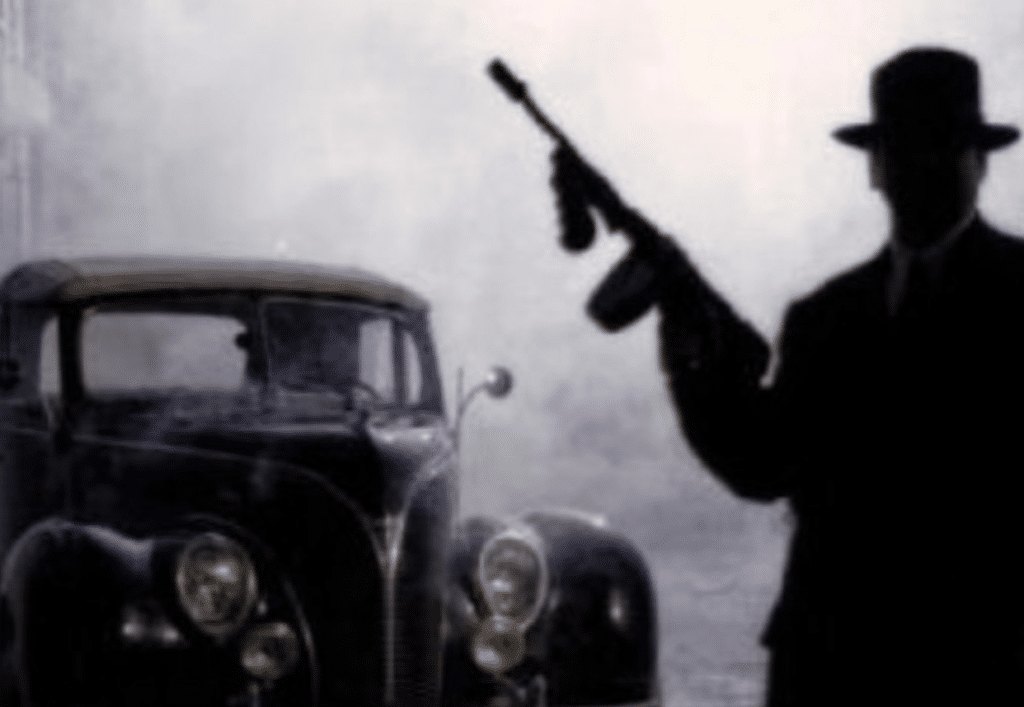a black silhouette on a man with gun and a hat next to a car 