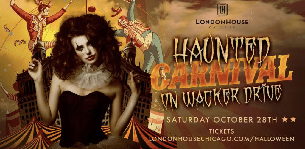 graphic of women dressed in carnival-theme for the London House Nightmare on Wacker Drive halloween party