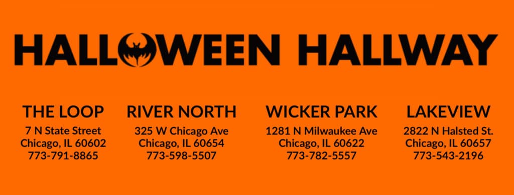 orange graphic displaying halloween hallway and the stores location in chicago