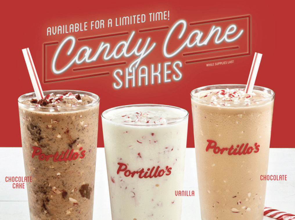 red ad for portillo's with three candy cane shakes form portillo's in chocolate, vanilla, and chocolate cake